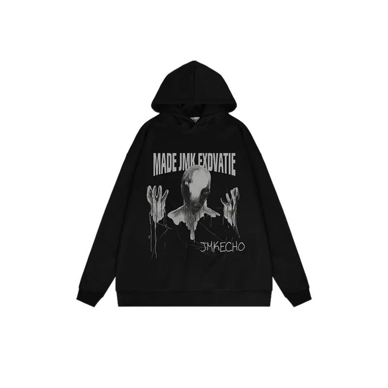 Retro Dark Ghost Print Fleece High Street Loose Hoodie-8