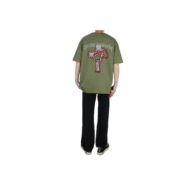 Vintage Cross Printed Washed Short sleeved T shirt-25