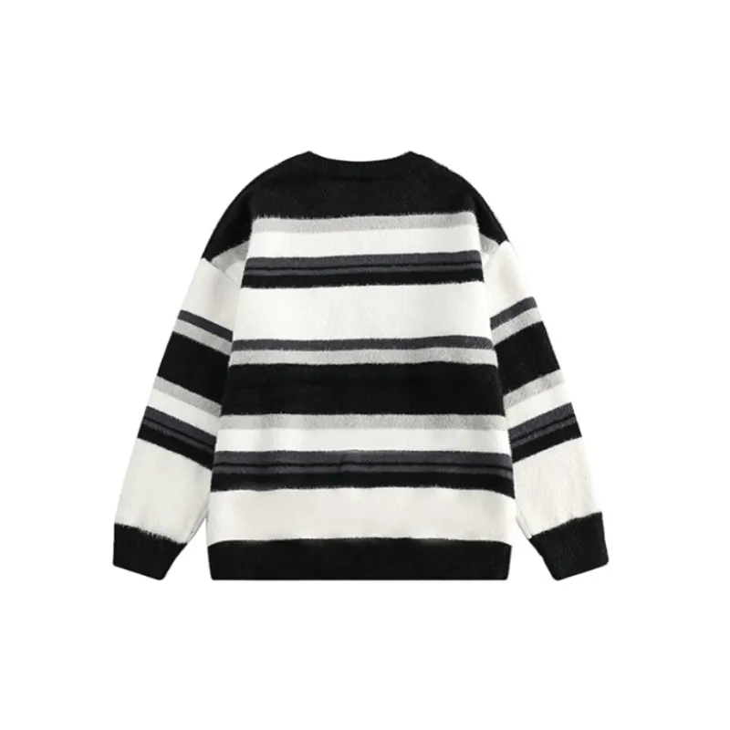 Fashion Simple Striped Crewneck Knitted Neutral Sweater-3