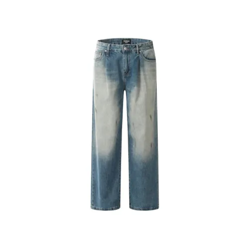 New Style Retro Grinding White Splash Ink Washed Loose Straight Jeans