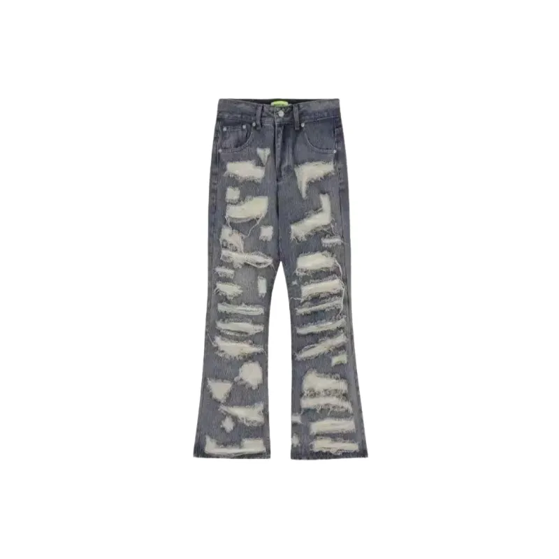 Blue Patch Ripped Straight Loose Pants