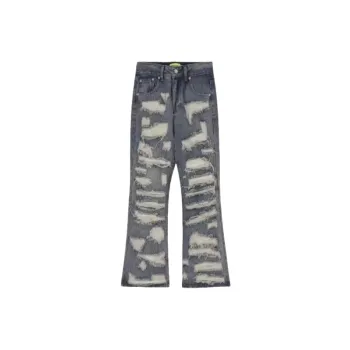 Blue Patch Ripped Straight Loose Pants