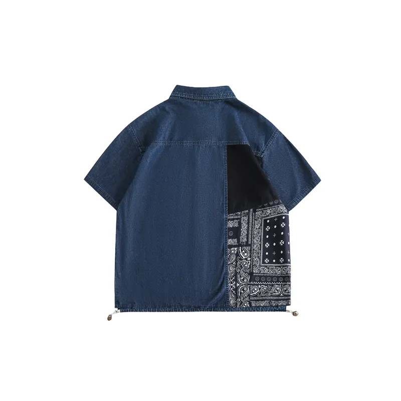 Half Sleeve Splicing Denim Shirt-1