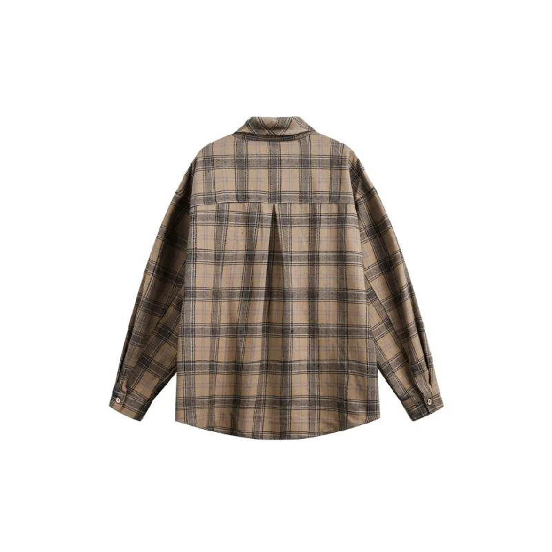 Retro Long Sleeve Plaid Cotton Blended Fabric Shirt-1