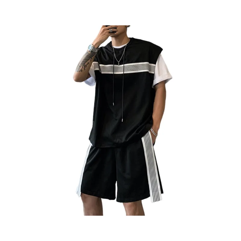 Contrast Color Striped Vest and Shorts Two Piece Suit-3