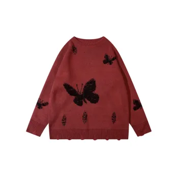 New Arrival Trendy Brand Full Face Butterfly Ripped Round Neck Lazy Loose Top