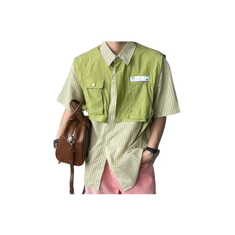 Niche Loose Short sleeved Striped Stitching Fake Two piece Shirt-2