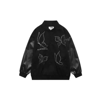 Hip Hop Academy Style Loose PU Leather Sleeves Butterfly Embroidered Baseball Suit