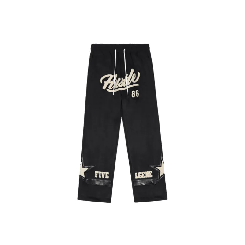 Embroidered Letters Leather Splicing Casual Pants-2