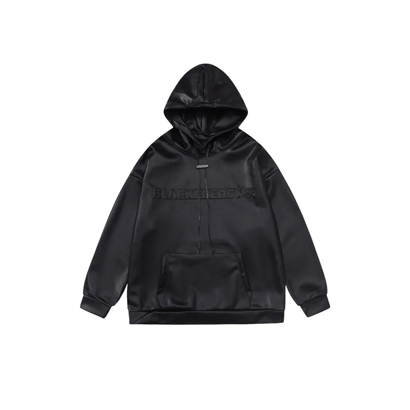 PU Leather Simple Letter Hoodie-0