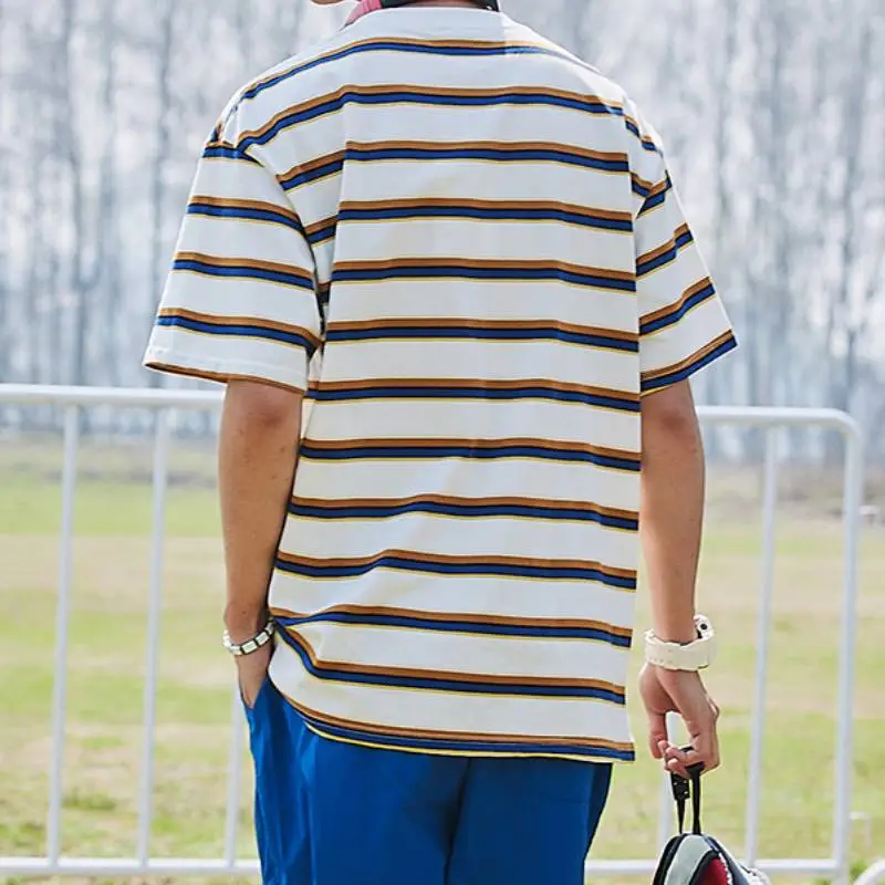 Retro Striped Combed Cotton T Shirt-5