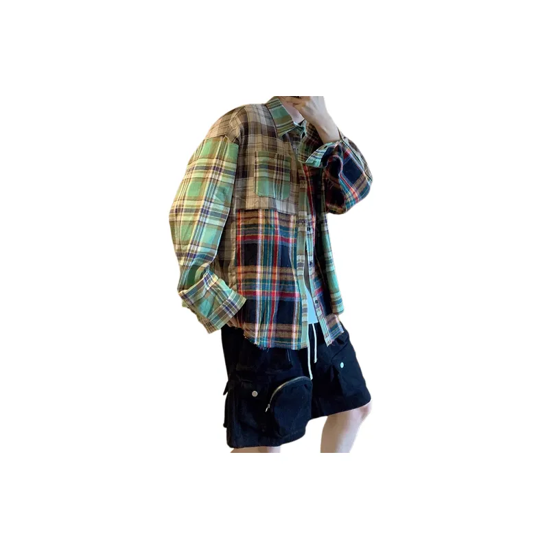 Retro Contrast Color Plaid Stitching Shirt-3