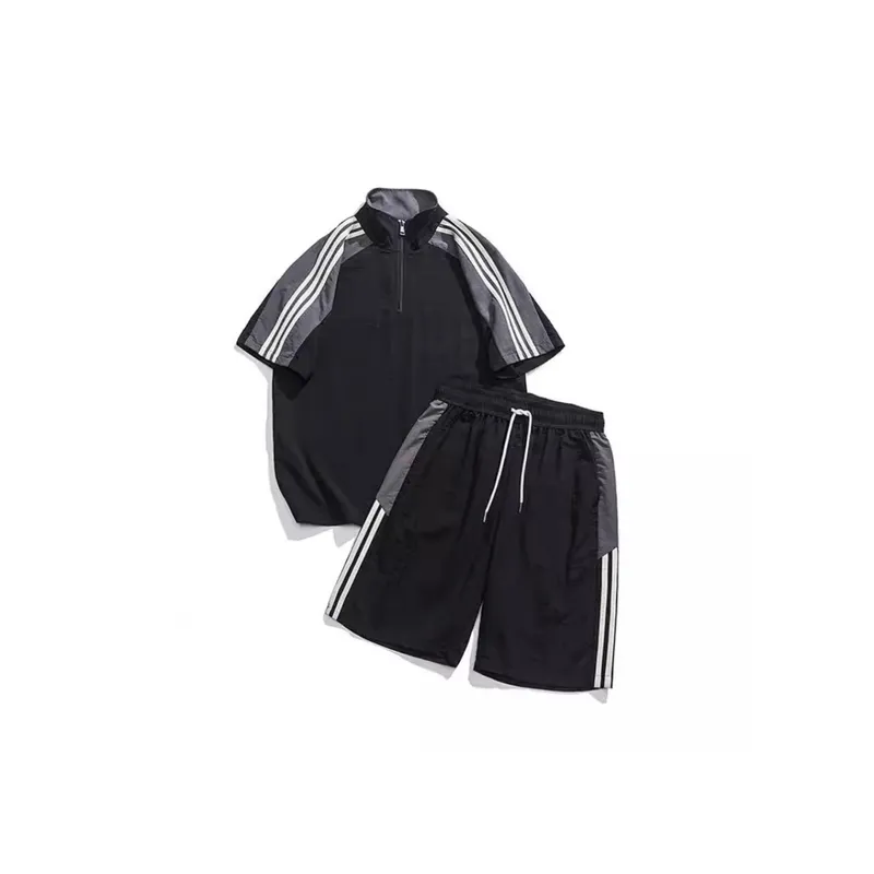 Sports Suit Men's Summer Ice Silk Quick drying Two piece Set Half zipper Short sleeved T shirt Casual Shorts With A Set Of Trendy-3
