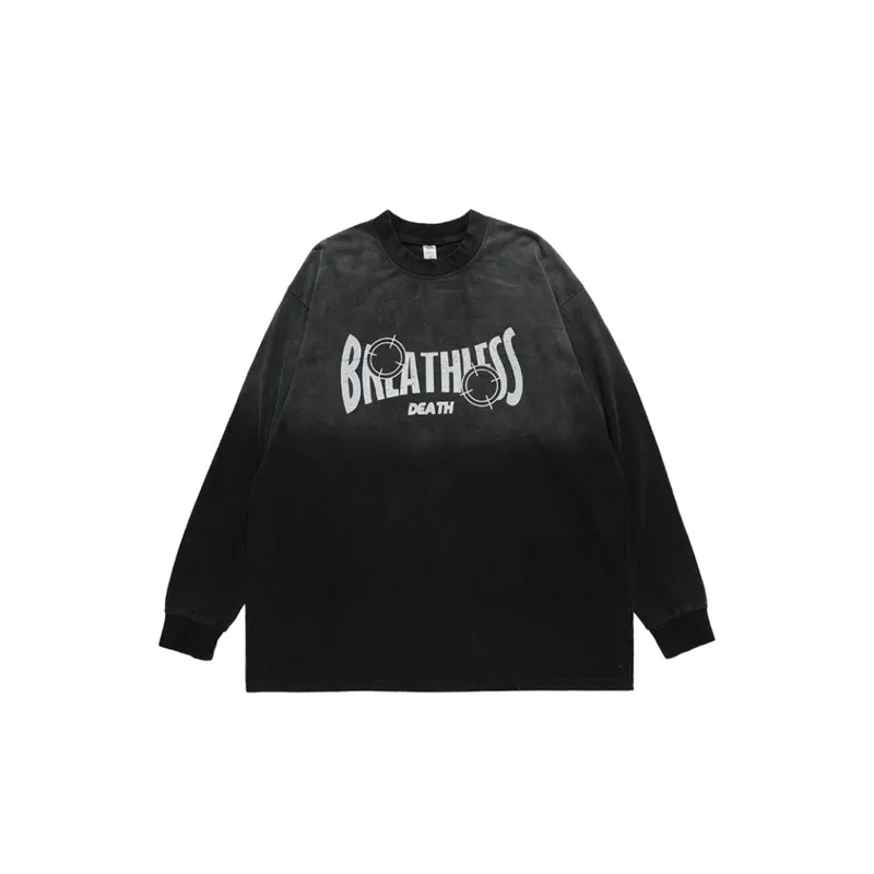 Vintage Hanging Dye Gradient Washed High Street Printing Loose Long Sleeve T Shirt