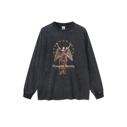 Retro Washed Angel Printing Crewneck Long Sleeve T-shirt