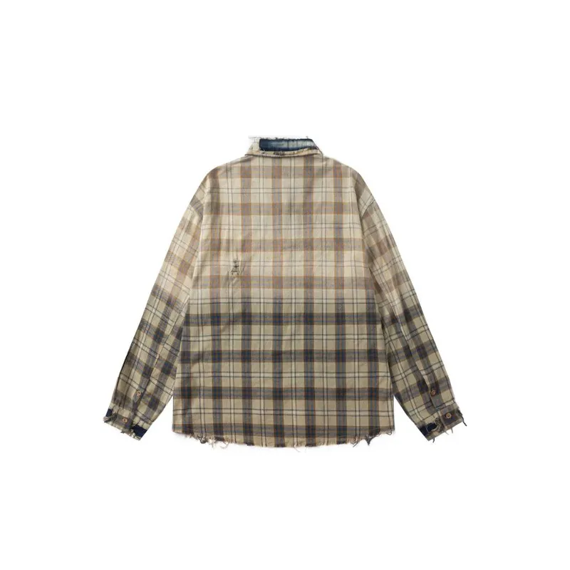 Vintage Hanging Dye Washed Hole Ancient Plaid Shirt-1