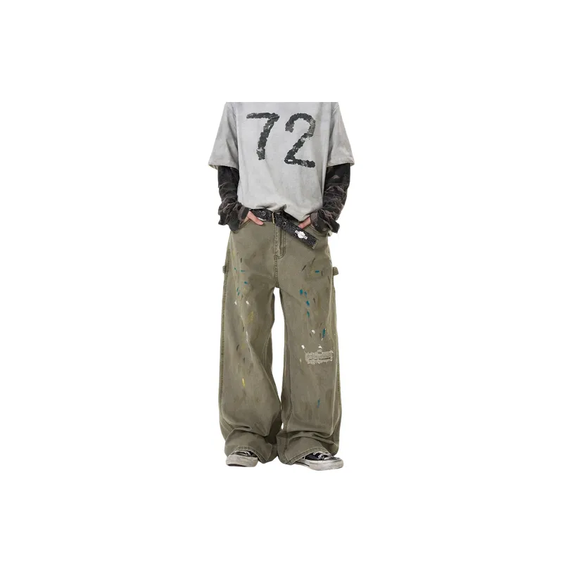 Casual Ink Painting Denim Cargo Pants-5