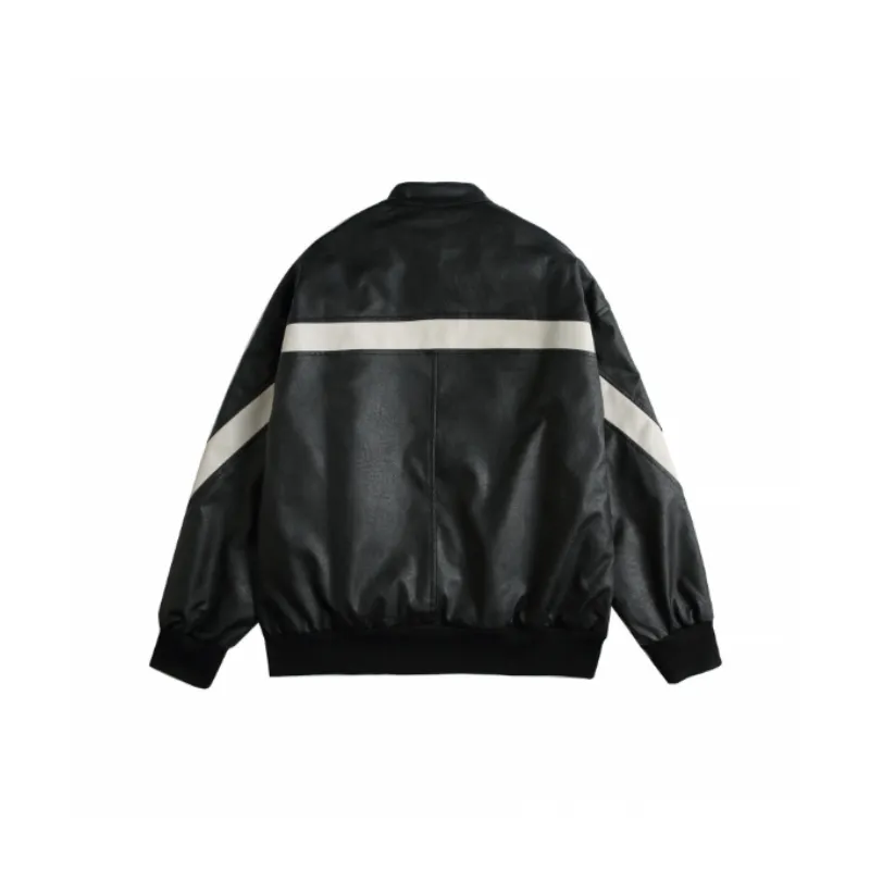 Retro Color Matching Collar Leather Casual Motorcycle Jacket-1