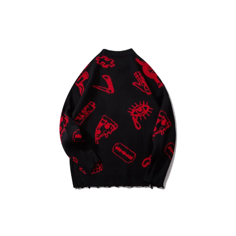 High Street Hip Hop with Hole Fashionable Loose Lazy Style Knitted Sweater-4