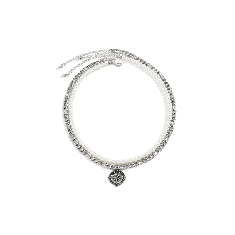 Hollow Compass Pendant Multi Layer Necklace-0