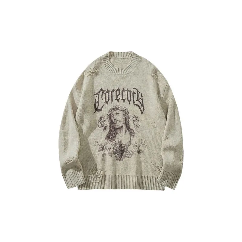 Retro Greek God Print Round Neck Sweater-0