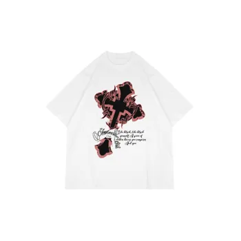 Retro Dark Cross Printed Washed Short sleeved T shirt