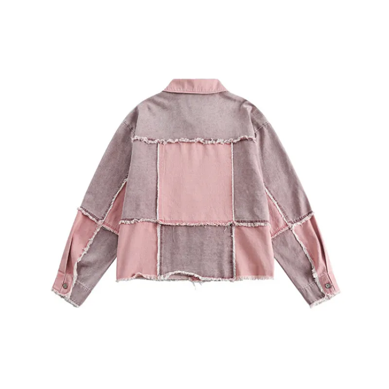 Stitching Edge Laps Color block Cardigan Denim Jacket-1