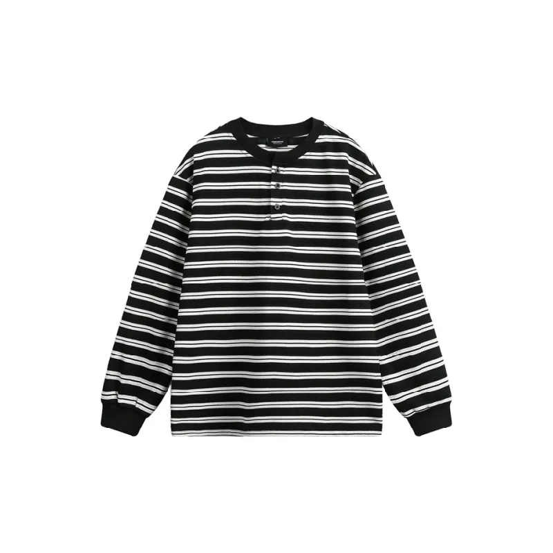 Retro Striped Long Sleeve Blended Synthetic Fabrics T Shirt-0