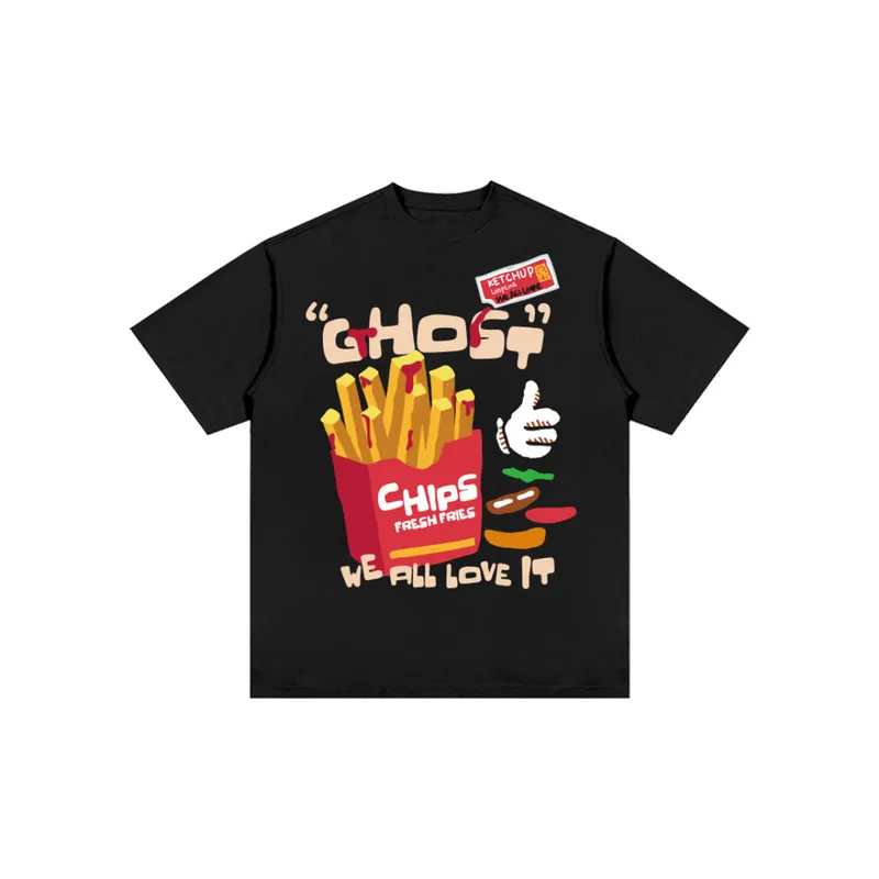French Fries Printed Loose Shoulder T shirt-4