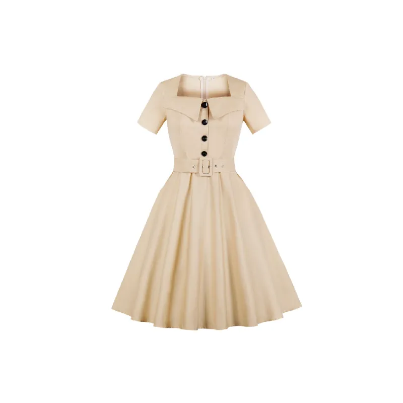 Retro Plain Cotton Dress Women-0