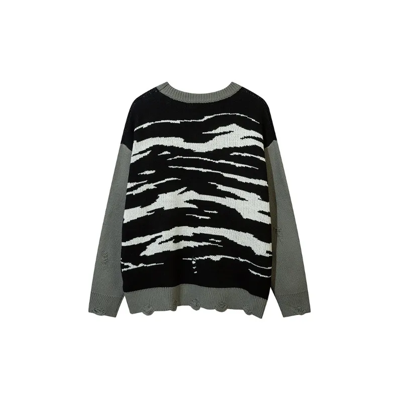 High Street Lazy Style Hole Yarn dyed Creative Pattern Loose Crewneck Sweater-1
