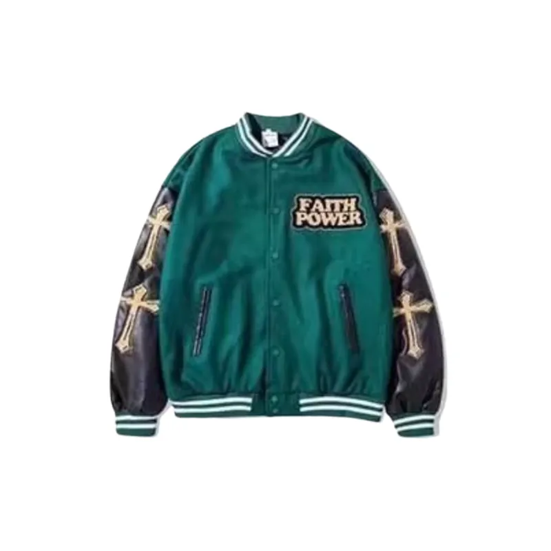 Flocking Cross Embroidered Woolen Stitching PU Leather Aviator Collar Cardigan Jacket-0