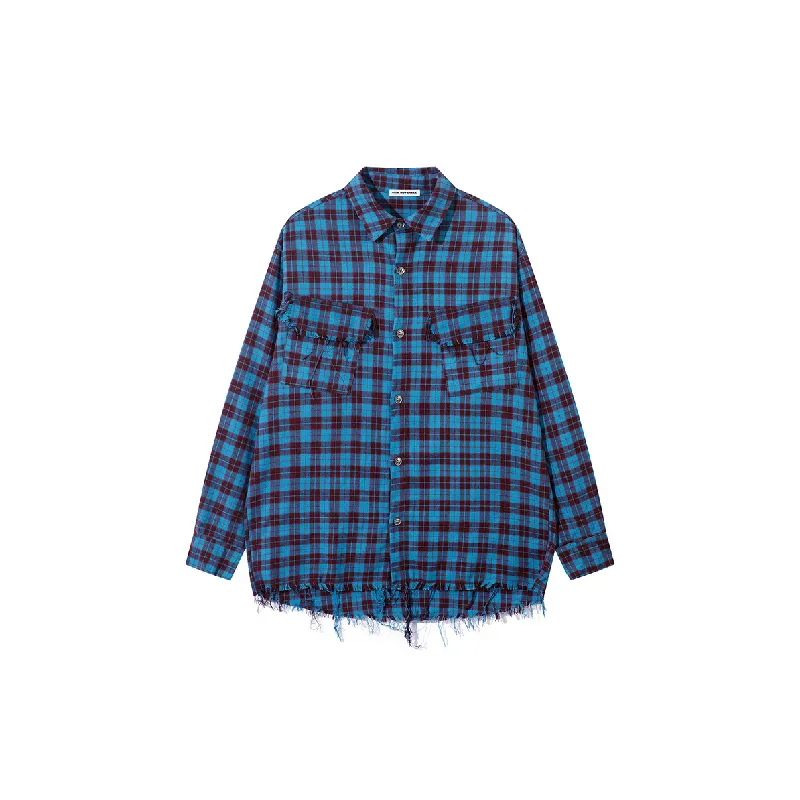 Plaid Raw Hem Cotton Blended Fabric Shirt-0