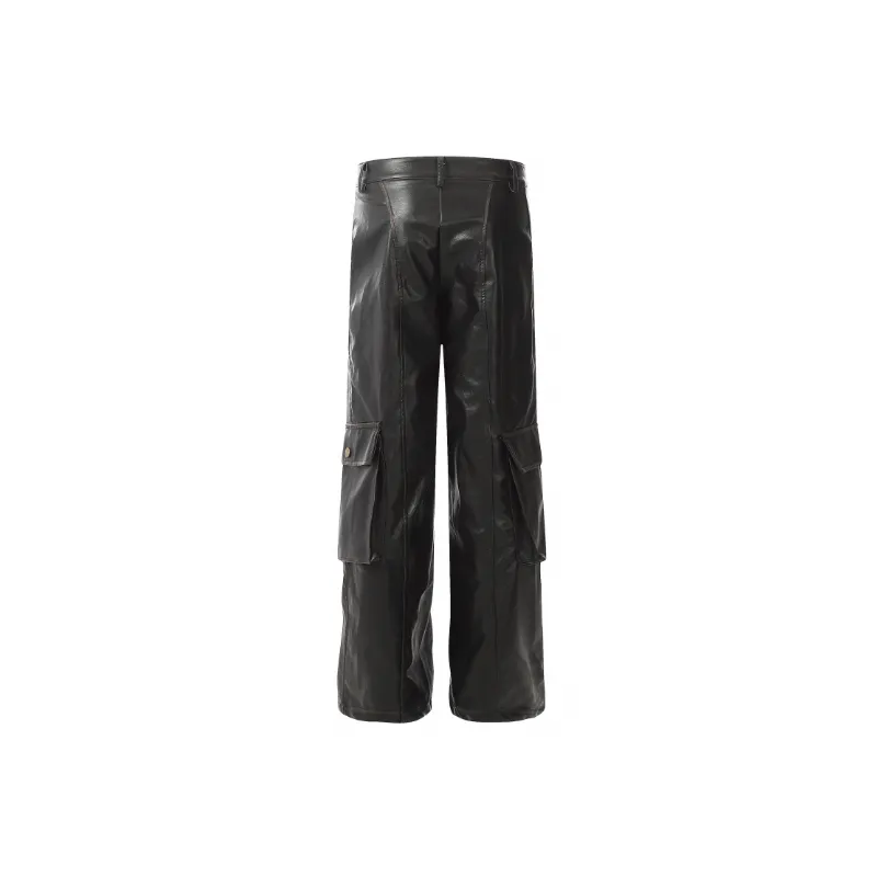 Casual Plain Leather Pants-5
