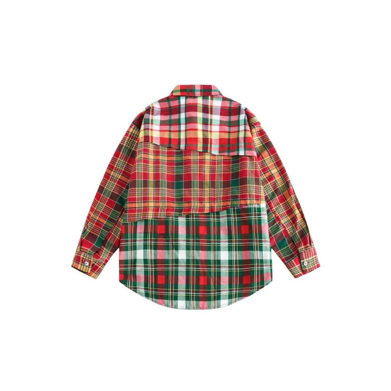 Contrast Color Stitching Christmas Style Pattern Plaid Long Sleeve Trendy Shirt-1