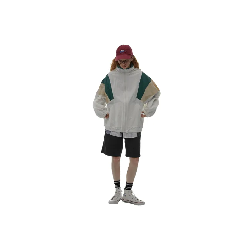 Retro Stitching Contrast Color Loose Vertical Collar Functional Hooded Sports Jacket-2