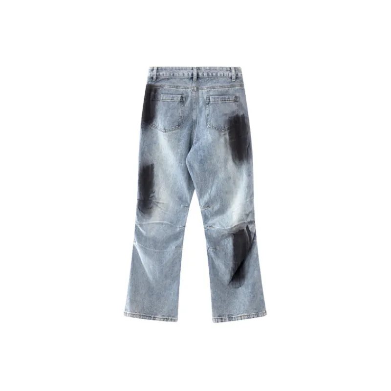 Trendy Contrast Color Pleated Washed Old Denim Straight Trousers-1