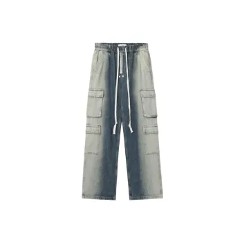 High Street Tie Dye Gradient Multi Pocket Staggered Waist Denim Cauboard Pants
