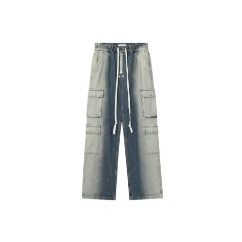High Street Tie Dye Gradient Multi Pocket Staggered Waist Denim Cauboard Pants