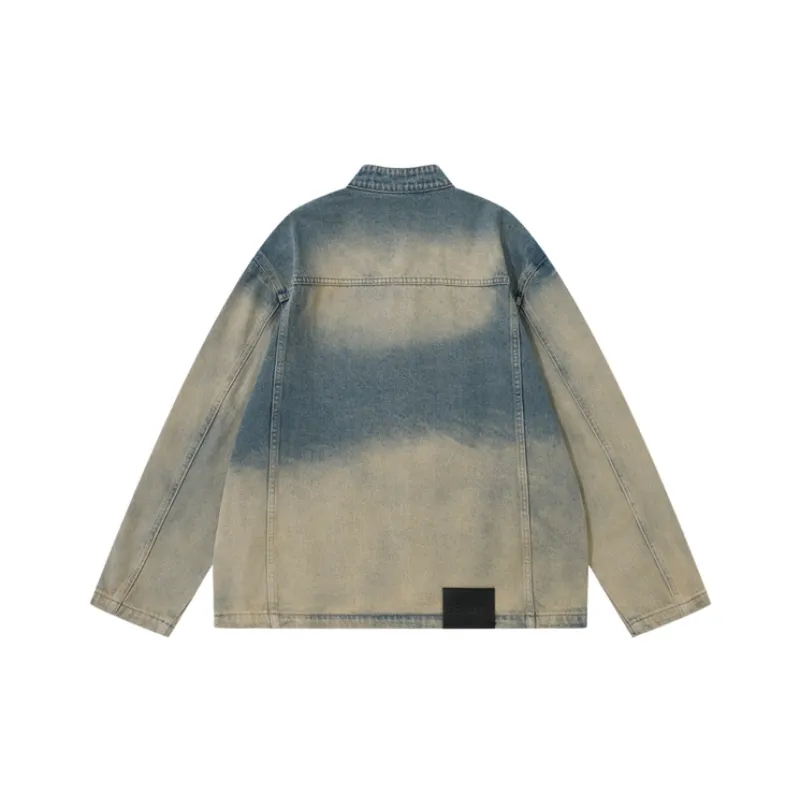 Retro Washed Old Hems Ripped Zipper Vertical Collar Denim Jacket-1