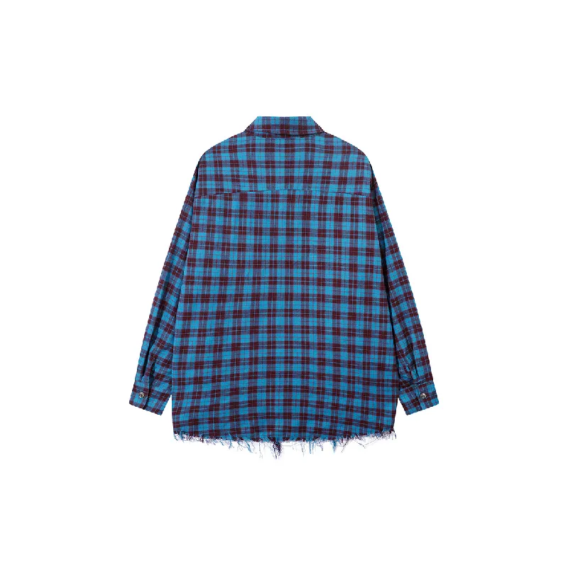 Plaid Raw Hem Cotton Blended Fabric Shirt-1