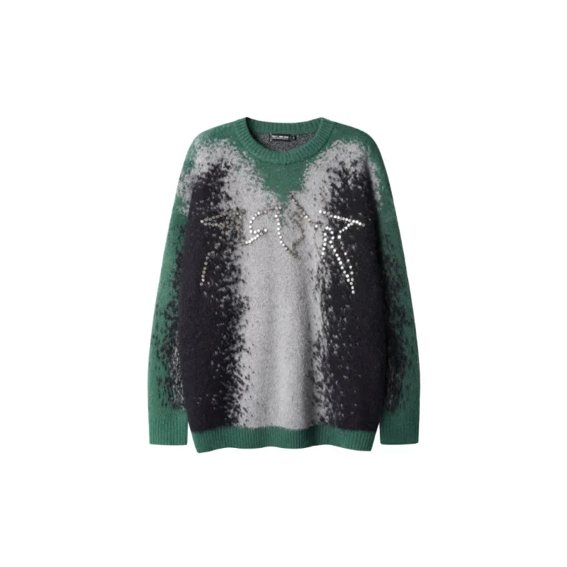 Retro Gradient Jacquard Metal Beads Decorative Contrast Crewneck Turtleneck Sweater-0