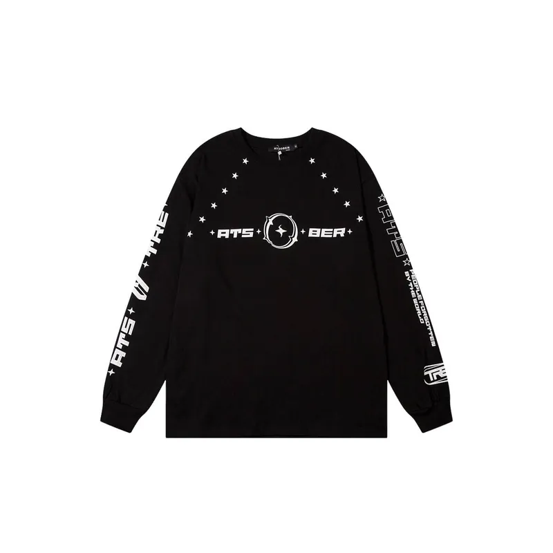 Retro Racing Elements Letters Printing Round Neck Long Sleeved T Shirt-4