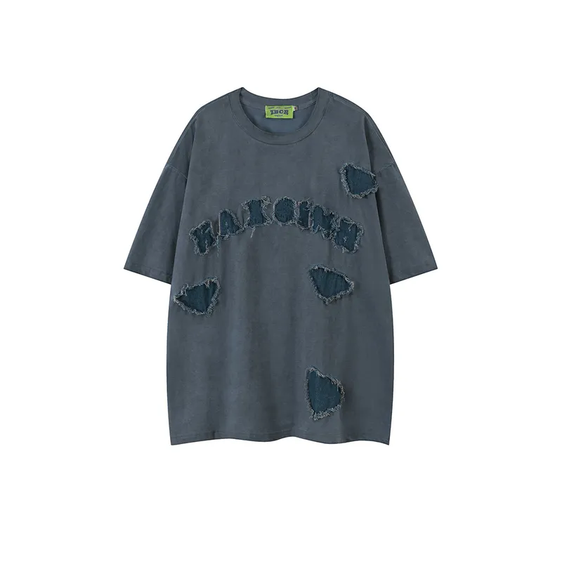 Hip Hop Denim Washed Patch T Shirt-2