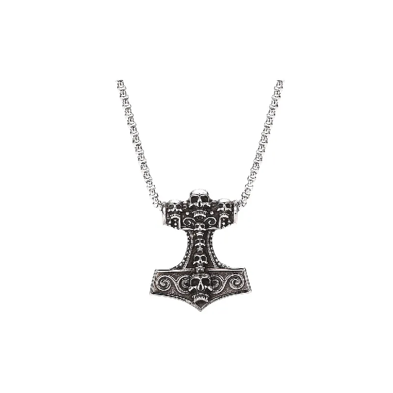 Retro Stainless Steel Skull Hammer Pendant Necklace