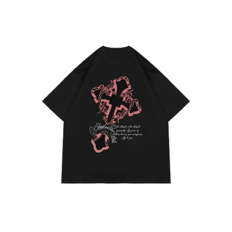Retro Dark Cross Printed Washed Short sleeved T shirt-6
