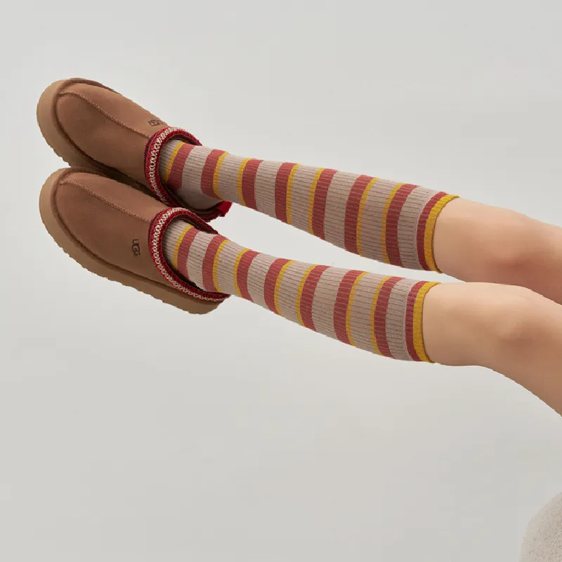 Retro Contrast Color Combed Cotton Mid Calf Sock-2