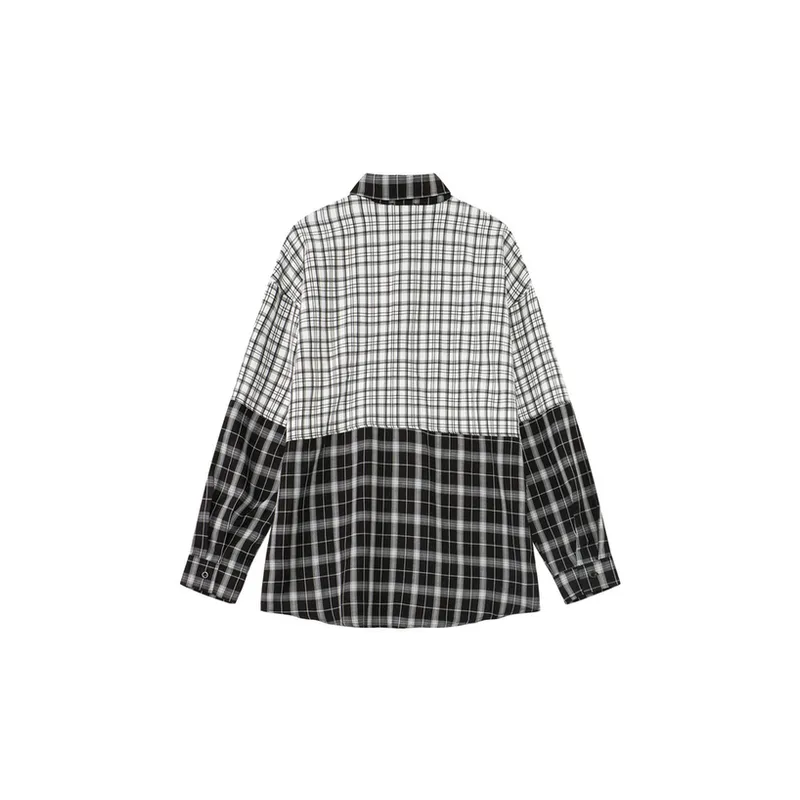 Plaid Stitching Printed Long Sleeve Shirt-1