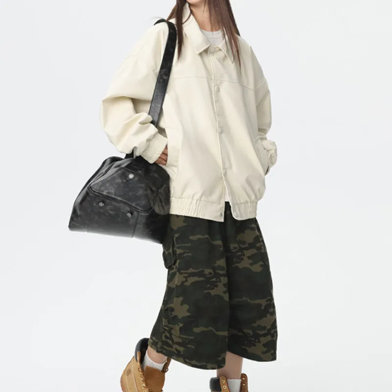 Casual Simple Polyester Leather Jacket-5