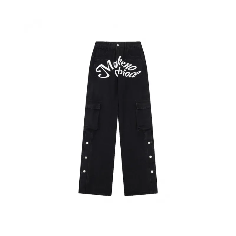 Niche Design Sense Letter Button Split Tooling Jeans-0